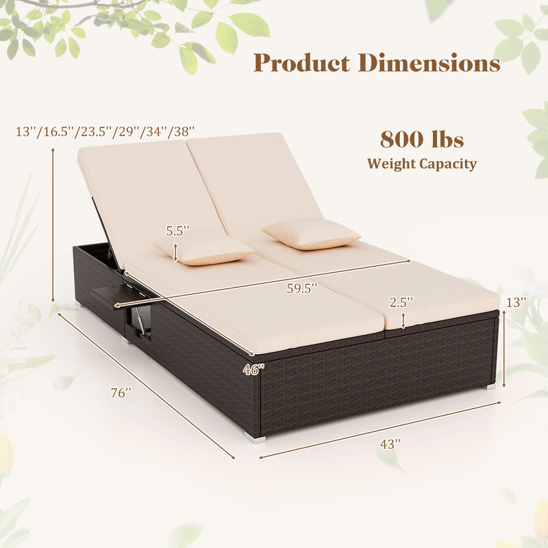 Patio Double Chaise Lounge With Cushions  Folding Side Trays Adjustable Backrest For Two 5
