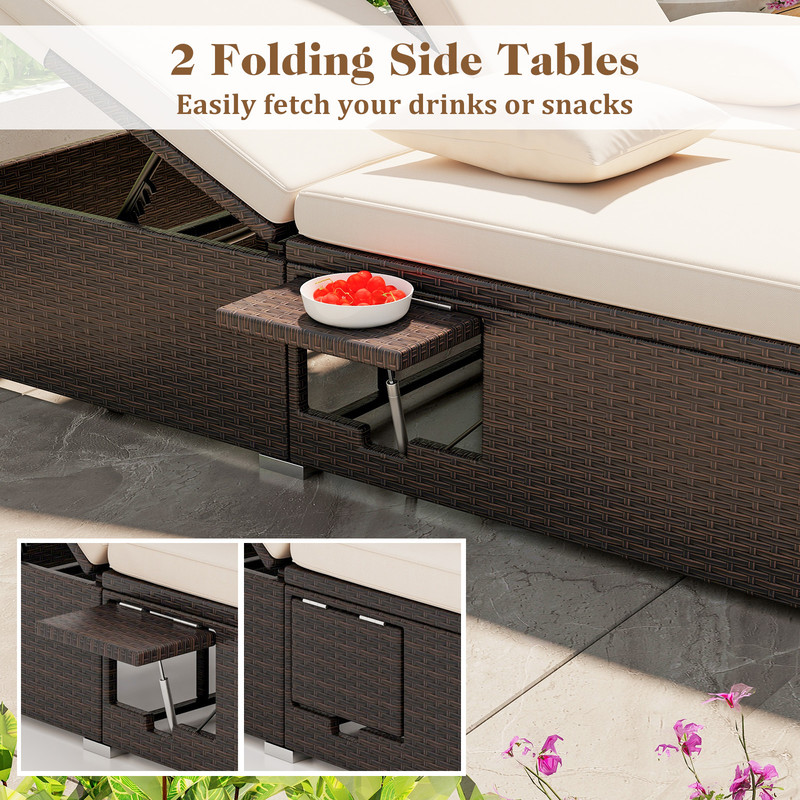 Patio Double Chaise Lounge With Cushions  Folding Side Trays Adjustable Backrest For Two 4