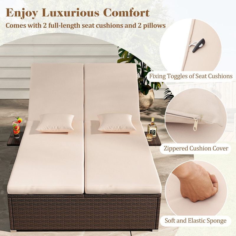 Patio Double Chaise Lounge With Cushions  Folding Side Trays Adjustable Backrest For Two 2