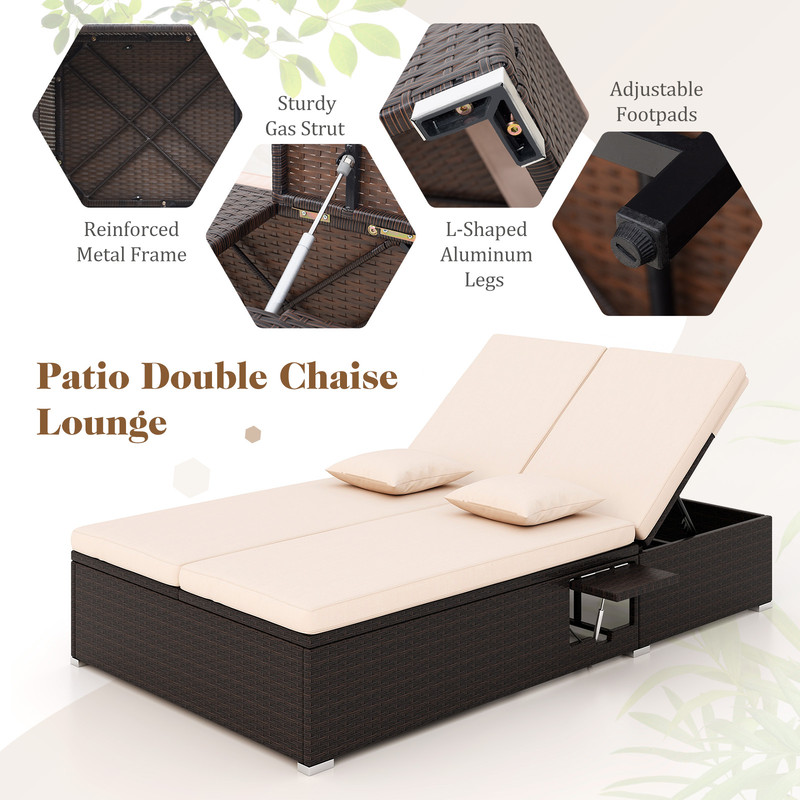 Patio Double Chaise Lounge With Cushions  Folding Side Trays Adjustable Backrest For Two 3