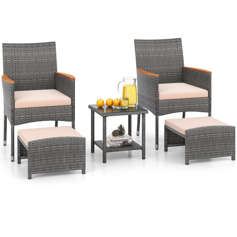 Outdoor 5Piece Rattan Furniture Set Armchairs Ottomans Glass Side Table 1