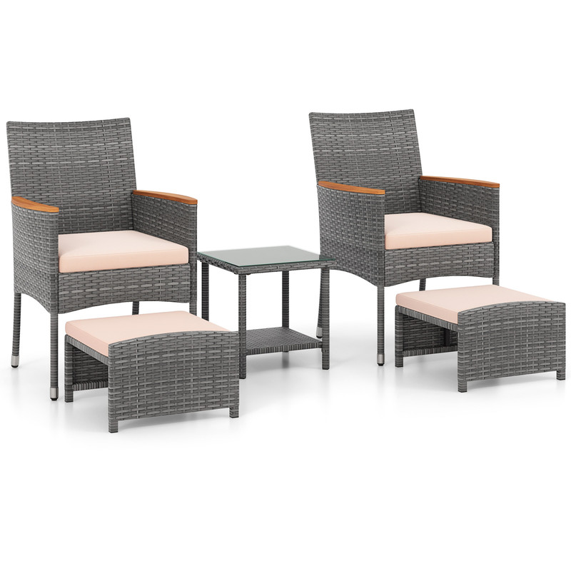 Outdoor 5Piece Rattan Furniture Set Armchairs Ottomans Glass Side Table 6