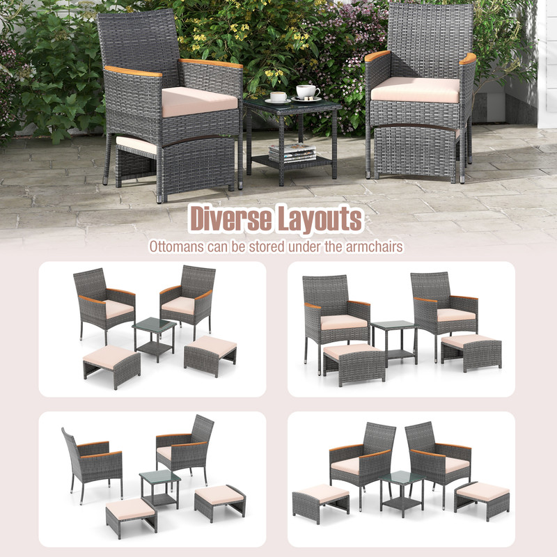 Outdoor 5Piece Rattan Furniture Set Armchairs Ottomans Glass Side Table 5