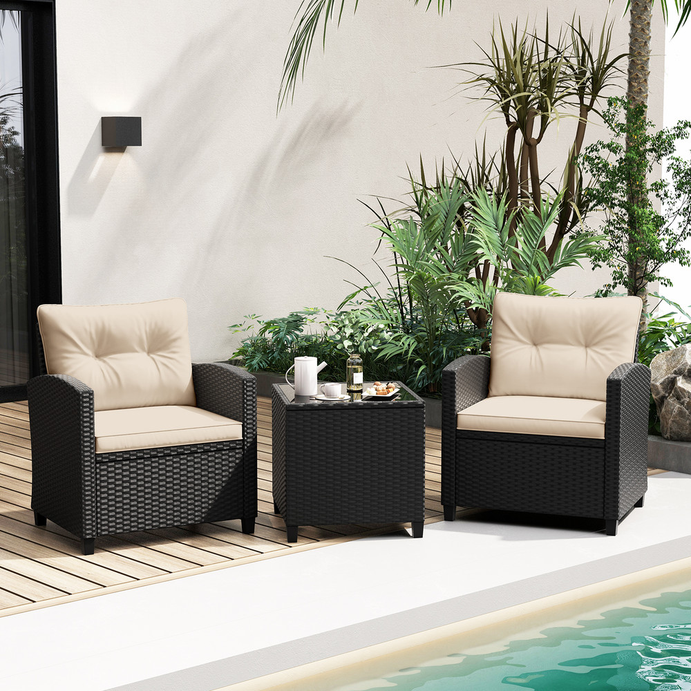 3Piece Patio Furniture Set With Tempered Glass Coffee Table Outdoor Wicker Sofa  Chairs 0