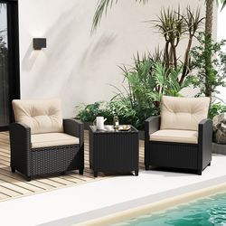 3-piece patio furniture set with tempered glass coffee table, outdoor wicker sofa & chairs