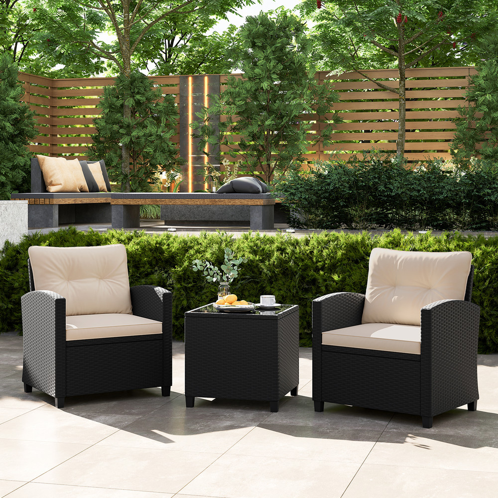 3Piece Patio Furniture Set With Tempered Glass Coffee Table Outdoor Wicker Sofa  Chairs 1