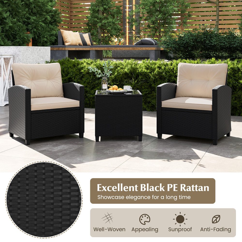 3Piece Patio Furniture Set With Tempered Glass Coffee Table Outdoor Wicker Sofa  Chairs 2