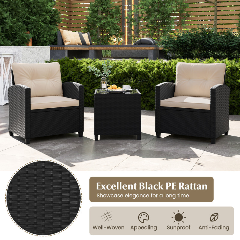 3Piece Patio Furniture Set With Tempered Glass Coffee Table Outdoor Wicker Sofa  Chairs 2
