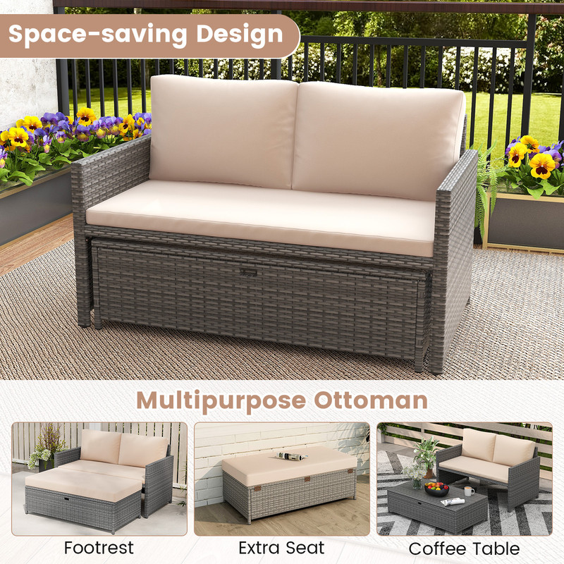 Outdoor Rattan Daybed Wicker Loveseat With 31 Gallon Storage Ottoman SpaceSaving Patio Lounge Set 3