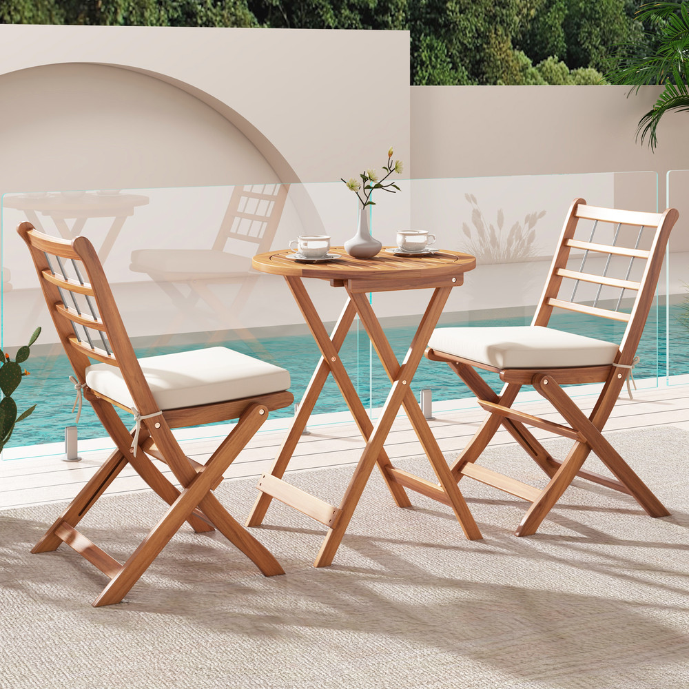 3Piece Acacia Wood Patio Bistro Set With Cushions SpaceSaving Outdoor Furniture 0