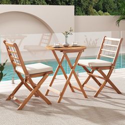 3-piece acacia wood patio bistro set with cushions, space-saving outdoor furniture