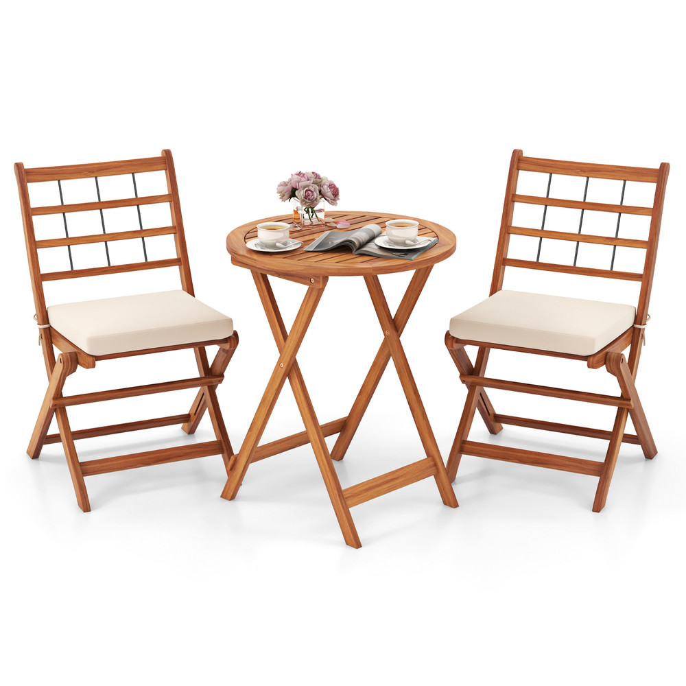 3Piece Acacia Wood Patio Bistro Set With Cushions SpaceSaving Outdoor Furniture 1