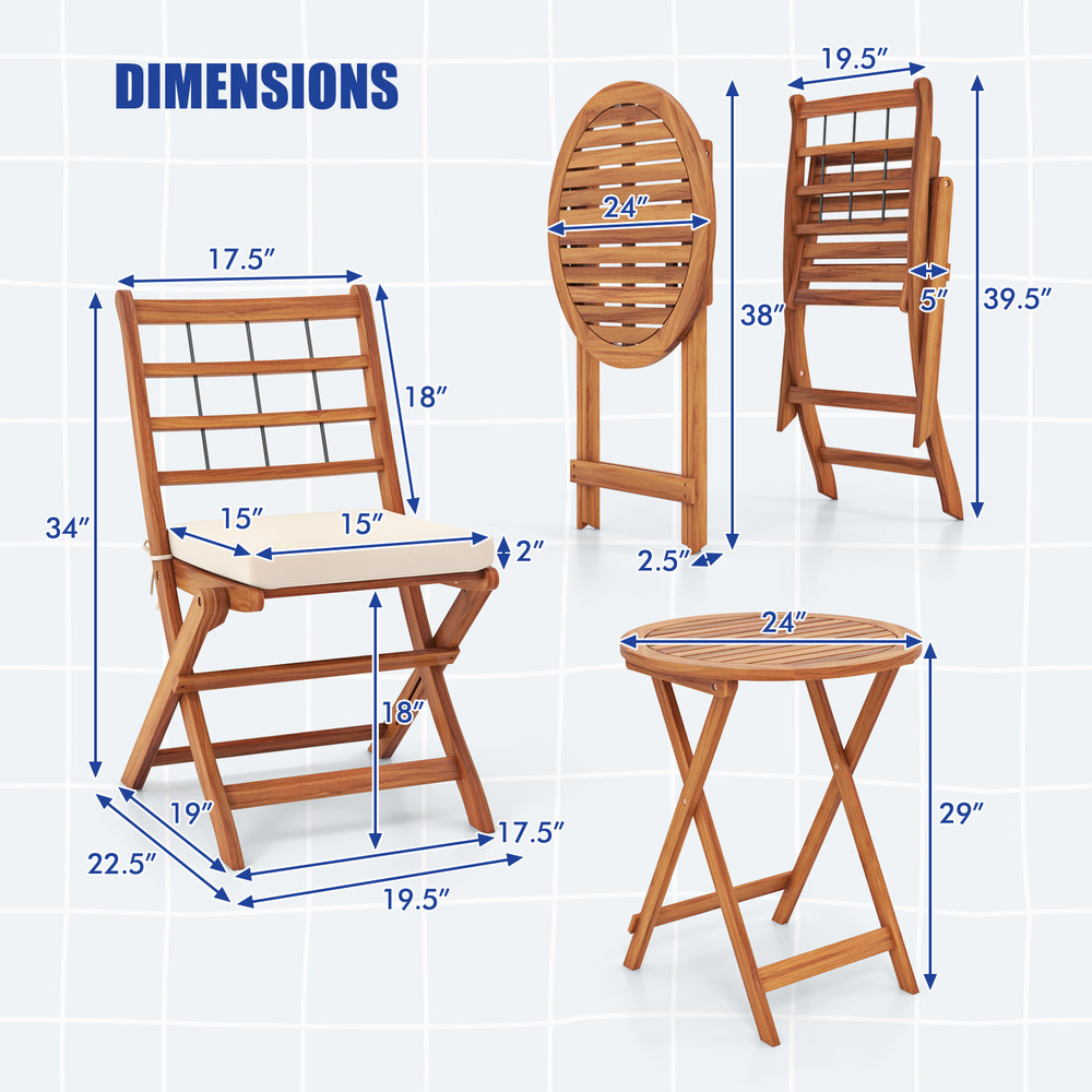 3Piece Acacia Wood Patio Bistro Set With Cushions SpaceSaving Outdoor Furniture 4