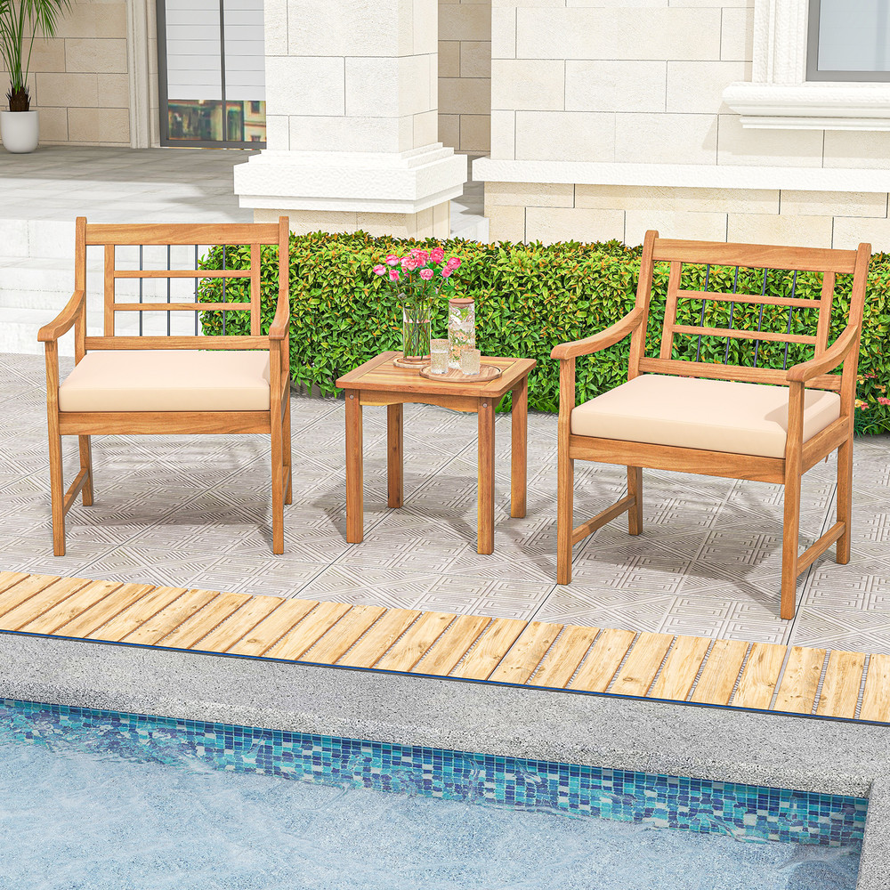 3Piece Wood Patio Furniture Set With Seat Cushions Acacia Wood Frame For Durability  Style 1