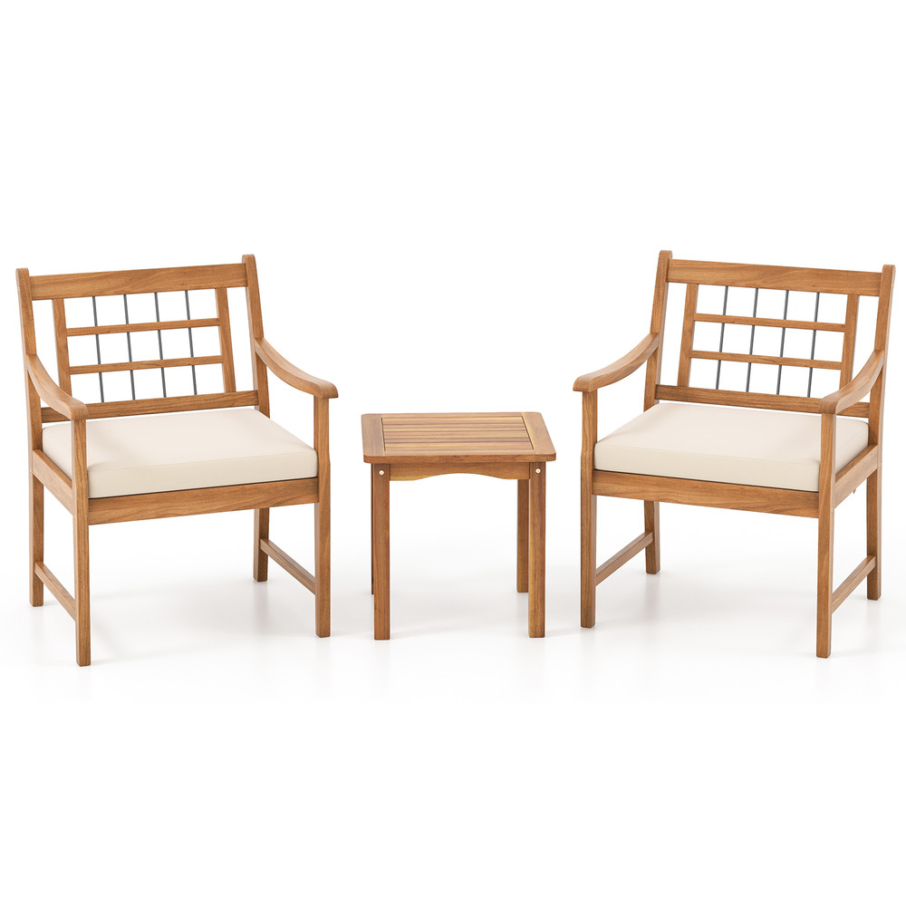 3Piece Wood Patio Furniture Set With Seat Cushions Acacia Wood Frame For Durability  Style 4