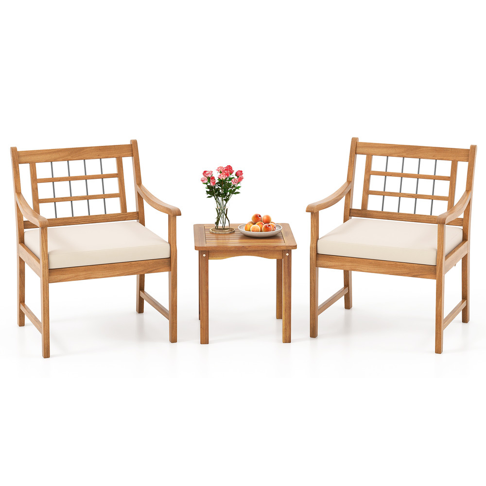 3Piece Wood Patio Furniture Set With Seat Cushions Acacia Wood Frame For Durability  Style 6
