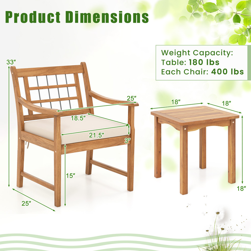 3Piece Wood Patio Furniture Set With Seat Cushions Acacia Wood Frame For Durability  Style 3