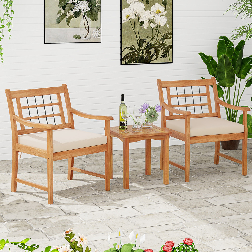 3Piece Wood Patio Furniture Set With Seat Cushions Acacia Wood Frame For Durability  Style 7