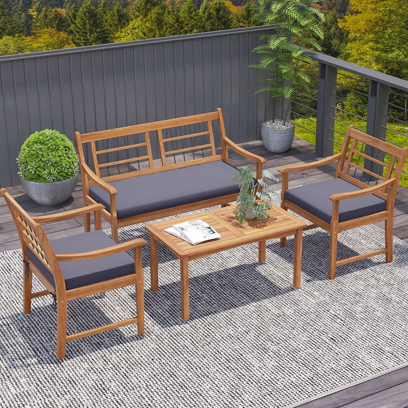Rustic 4 Piece Patio Set Wood Furniture With Armchairs Loveseat  Coffee Table For Outdoor Relaxatio 7