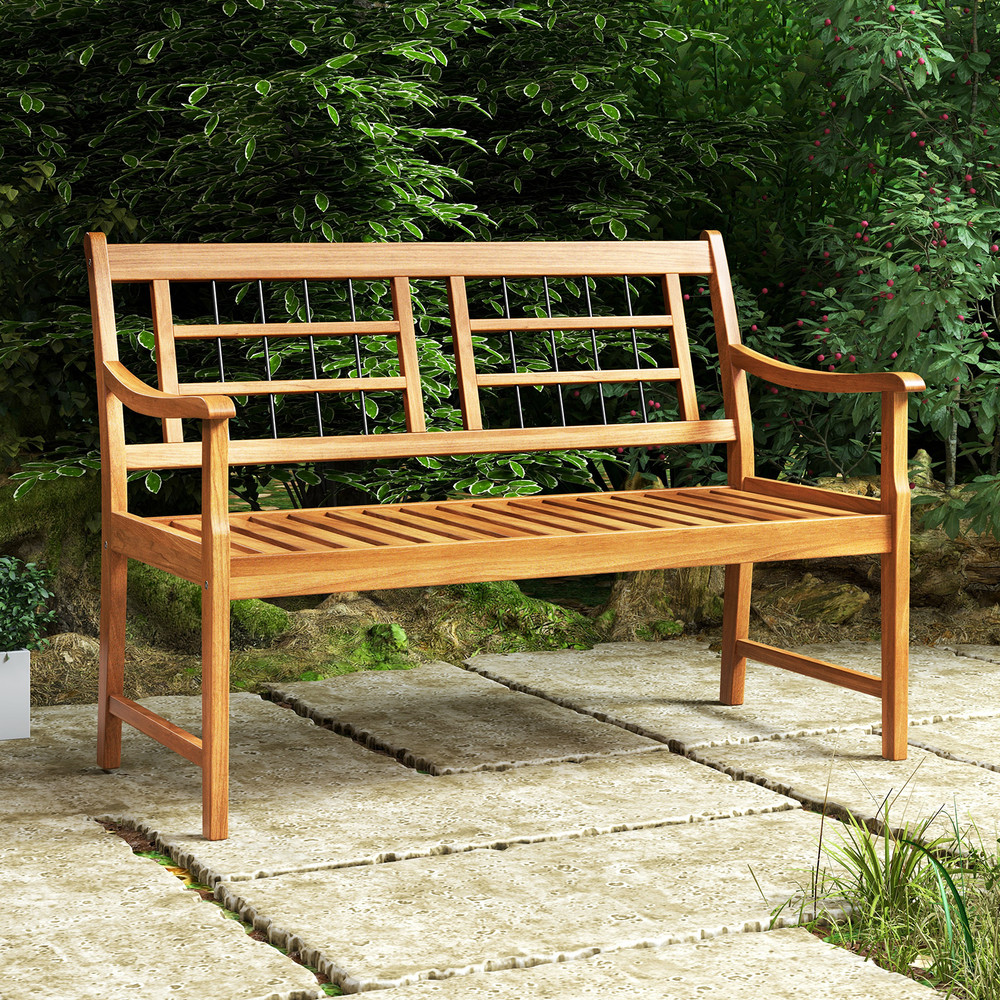 Patio Acacia Wood Bench With Curved Armrests Slatted Seat  Backrest For Outdoor Comfort 0