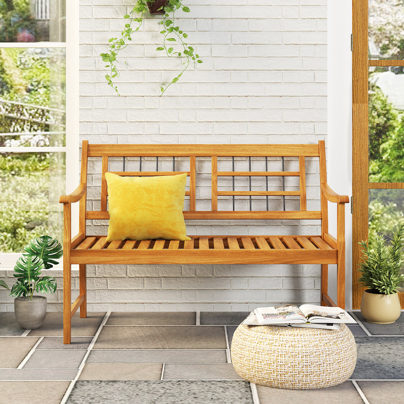Patio Acacia Wood Bench With Curved Armrests Slatted Seat  Backrest For Outdoor Comfort 1