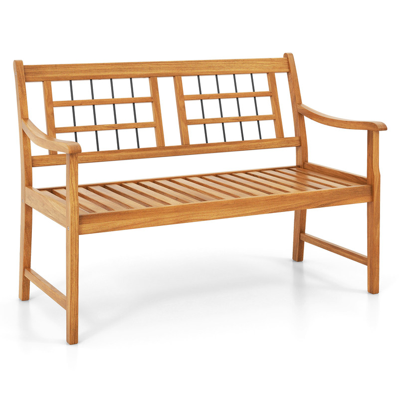 Patio Acacia Wood Bench With Curved Armrests Slatted Seat  Backrest For Outdoor Comfort 5