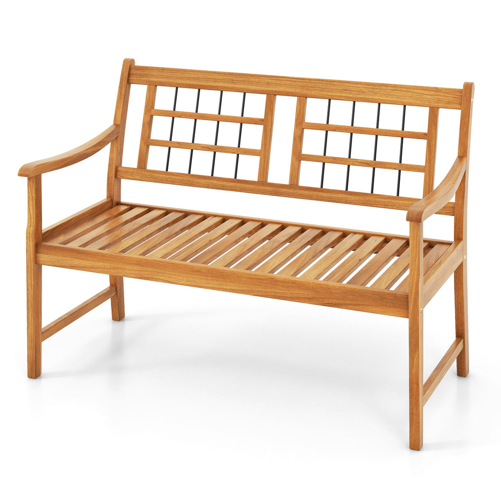 Patio Acacia Wood Bench With Curved Armrests Slatted Seat  Backrest For Outdoor Comfort 6
