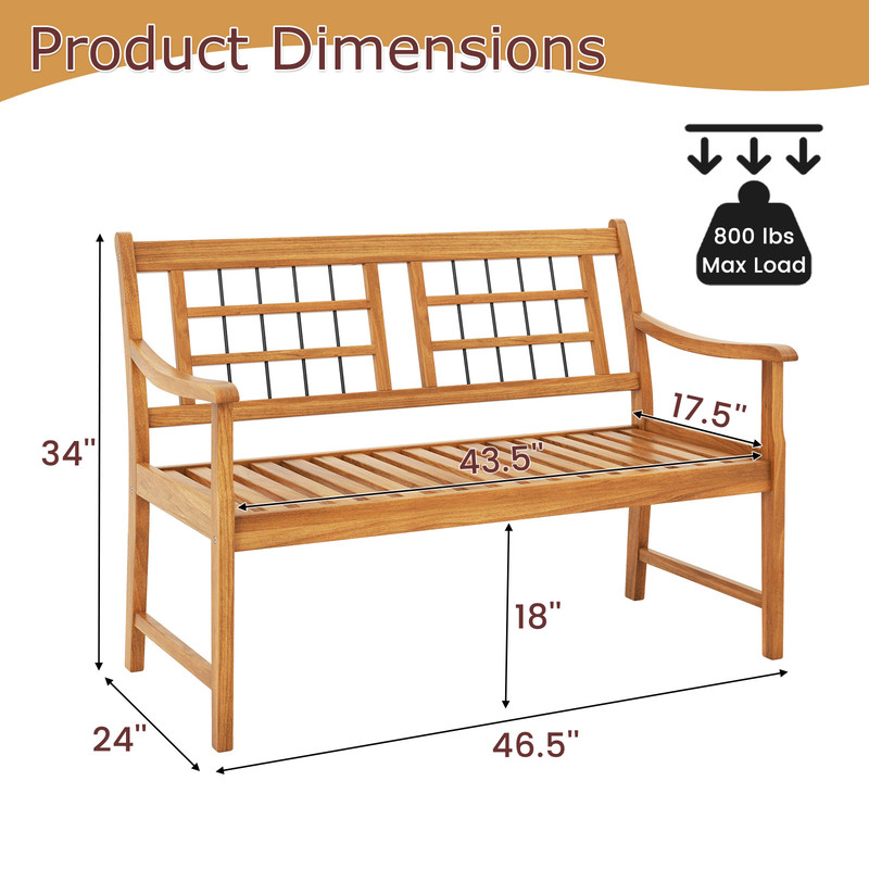 Patio Acacia Wood Bench With Curved Armrests Slatted Seat  Backrest For Outdoor Comfort 4