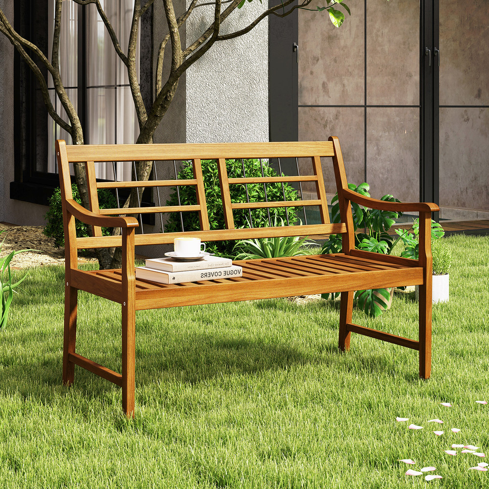 Patio Acacia Wood Bench With Curved Armrests Slatted Seat  Backrest For Outdoor Comfort 7