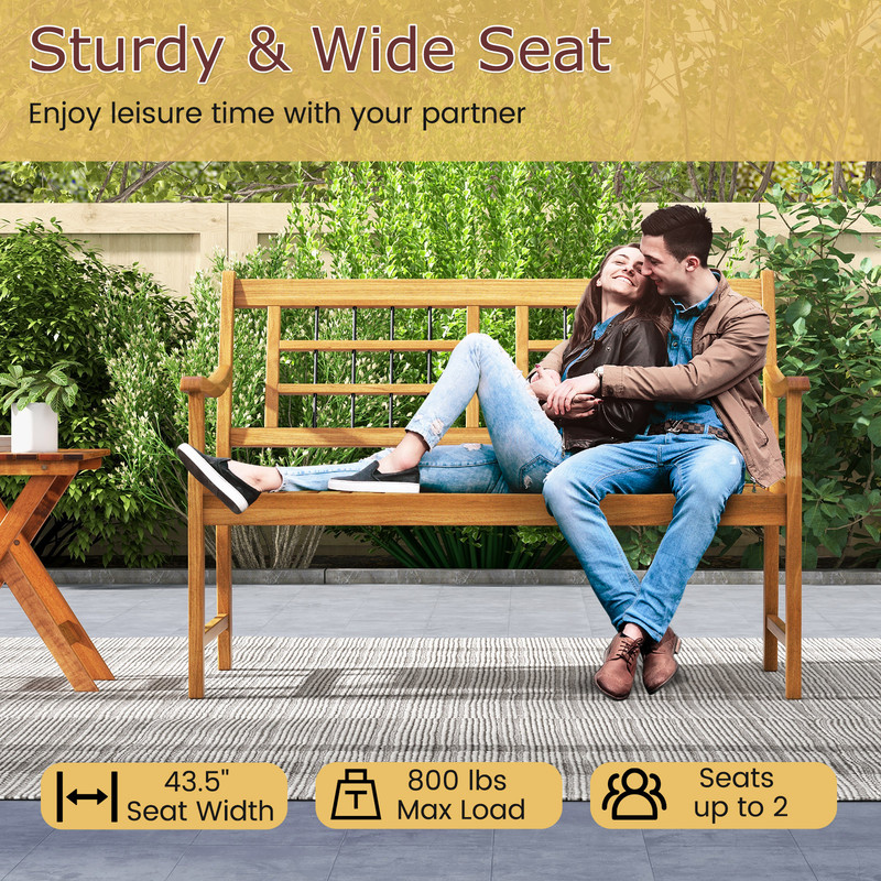 Patio Acacia Wood Bench With Curved Armrests Slatted Seat  Backrest For Outdoor Comfort 3