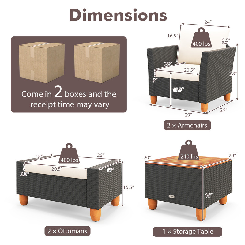 5Piece Patio Furniture Set With Loveseat  Armchairs Outdoor Porch Sectional With Storage Table 4