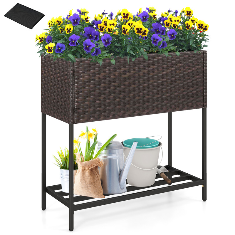 Wicker Raised Garden Bed With Storage Shelf  Removable Liner Elevated Planter Box For Flowers  Herb 6