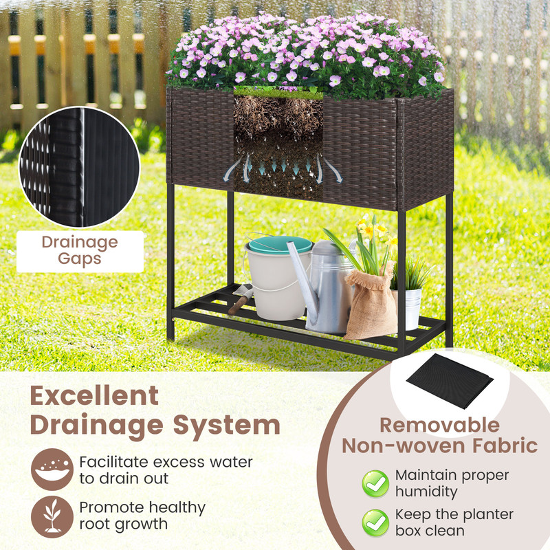 Wicker Raised Garden Bed With Storage Shelf  Removable Liner Elevated Planter Box For Flowers  Herb 2