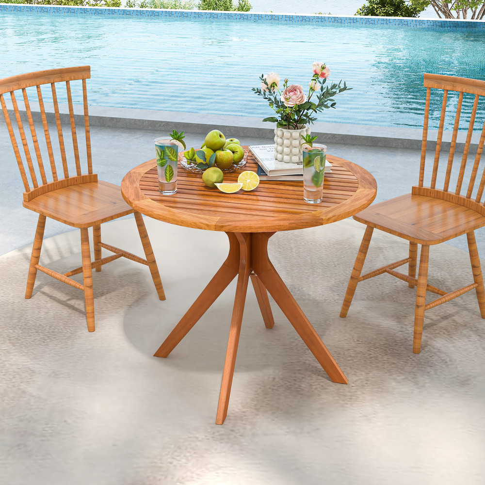 Eucalyptus Wood Patio Dining Table 355 Round Slatted Tabletop With Curved Legs For Backyard 0