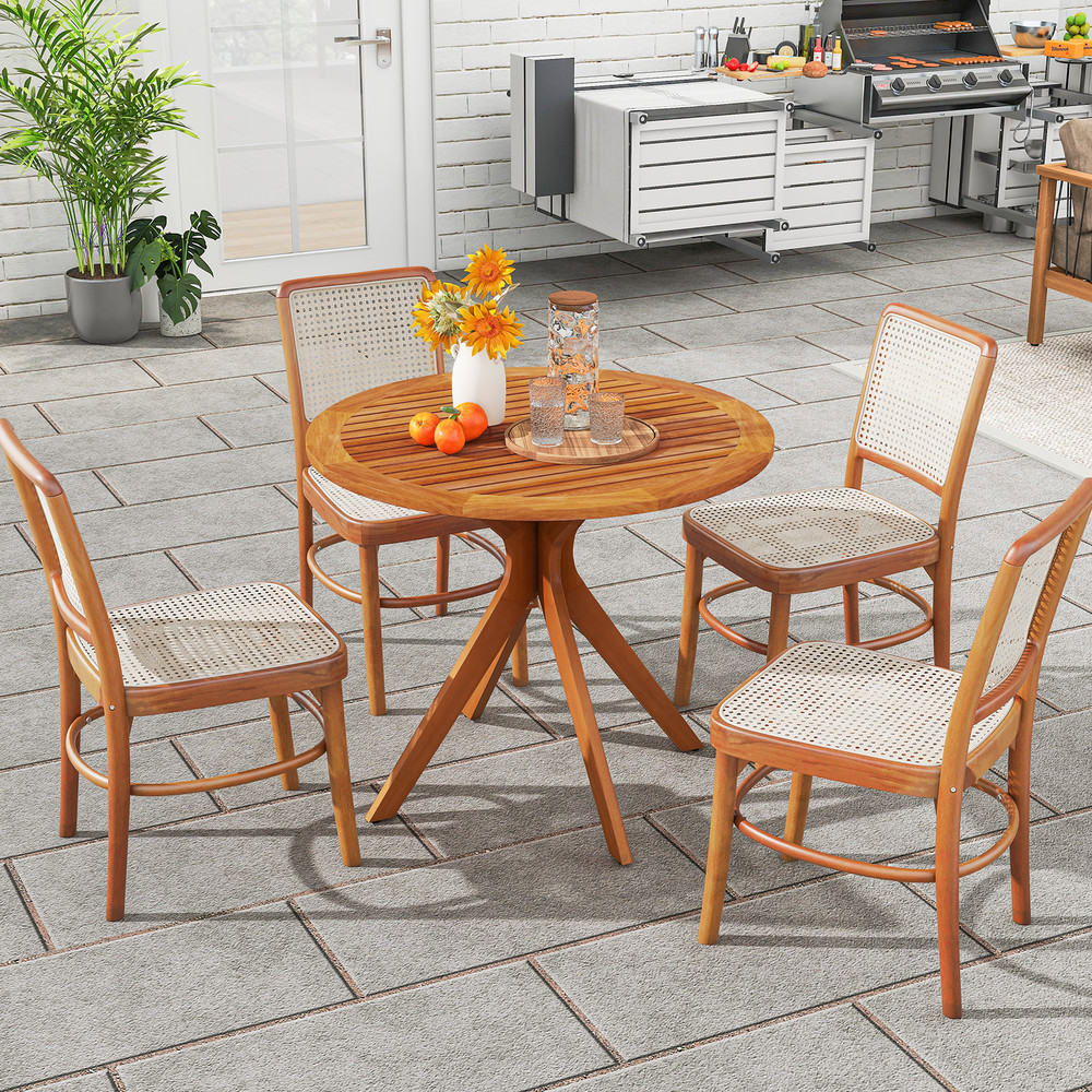 Eucalyptus Wood Patio Dining Table 355 Round Slatted Tabletop With Curved Legs For Backyard 1