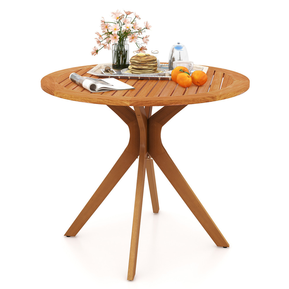 Eucalyptus Wood Patio Dining Table 355 Round Slatted Tabletop With Curved Legs For Backyard 4