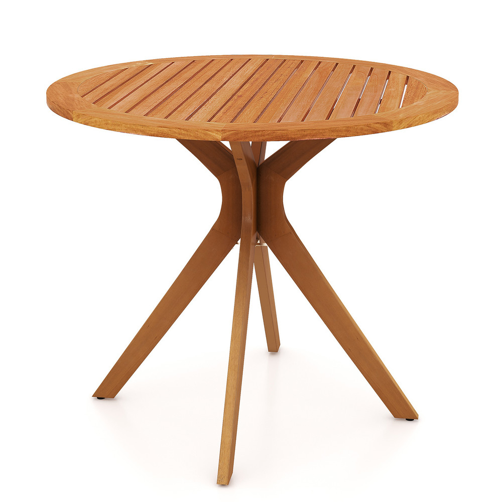 Eucalyptus Wood Patio Dining Table 355 Round Slatted Tabletop With Curved Legs For Backyard 5