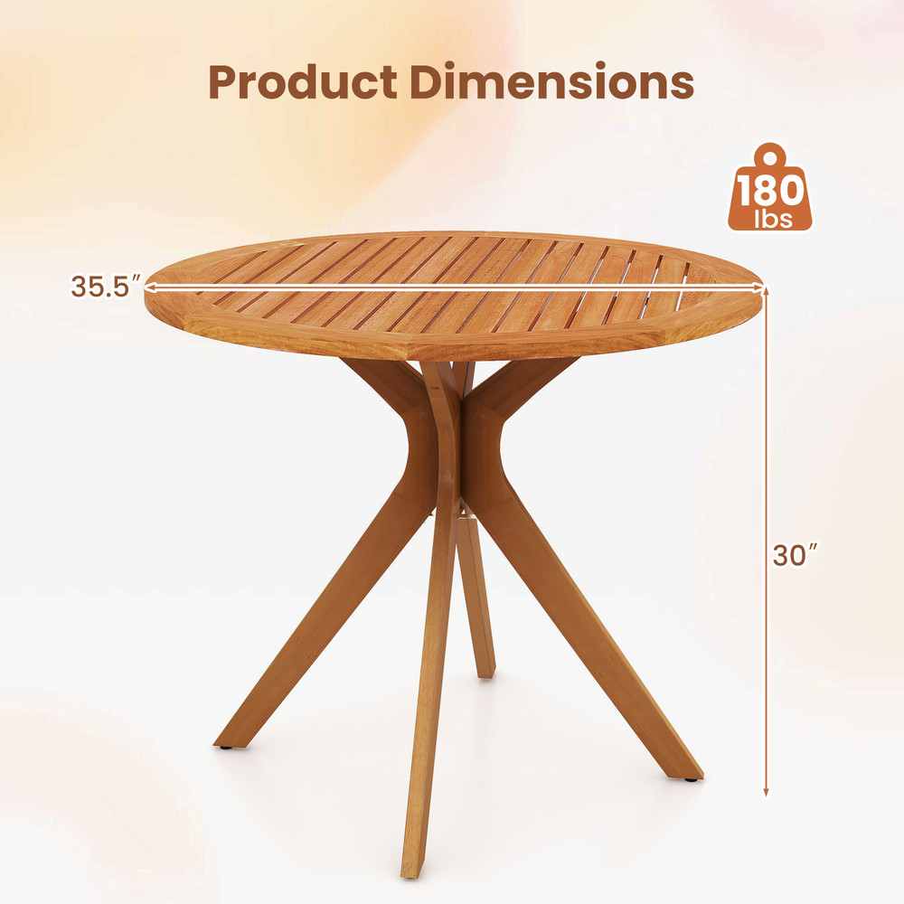 Eucalyptus Wood Patio Dining Table 355 Round Slatted Tabletop With Curved Legs For Backyard 6