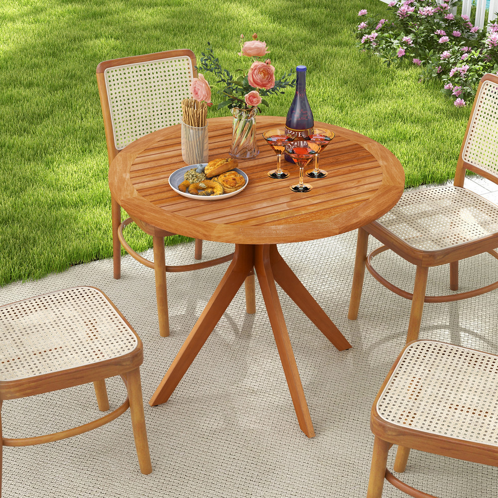 Eucalyptus Wood Patio Dining Table 355 Round Slatted Tabletop With Curved Legs For Backyard 7