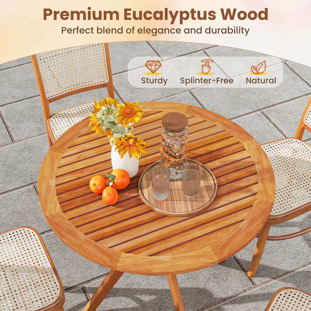 Eucalyptus Wood Patio Dining Table 355 Round Slatted Tabletop With Curved Legs For Backyard 2