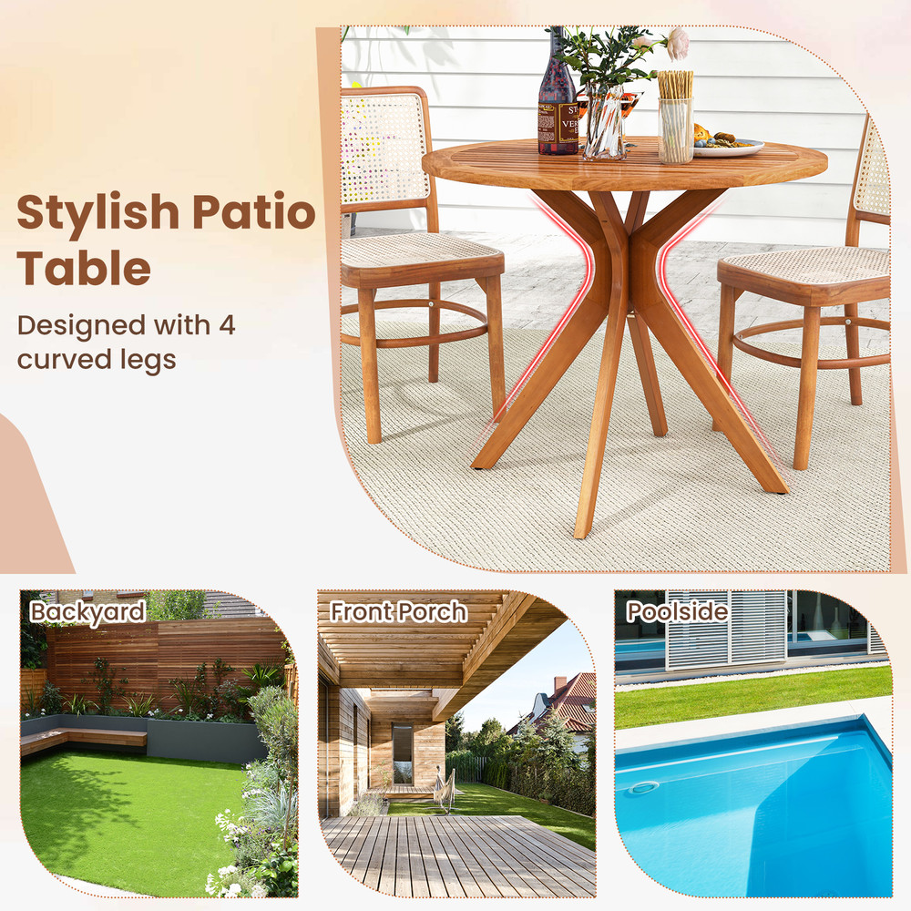 Eucalyptus Wood Patio Dining Table 355 Round Slatted Tabletop With Curved Legs For Backyard 3