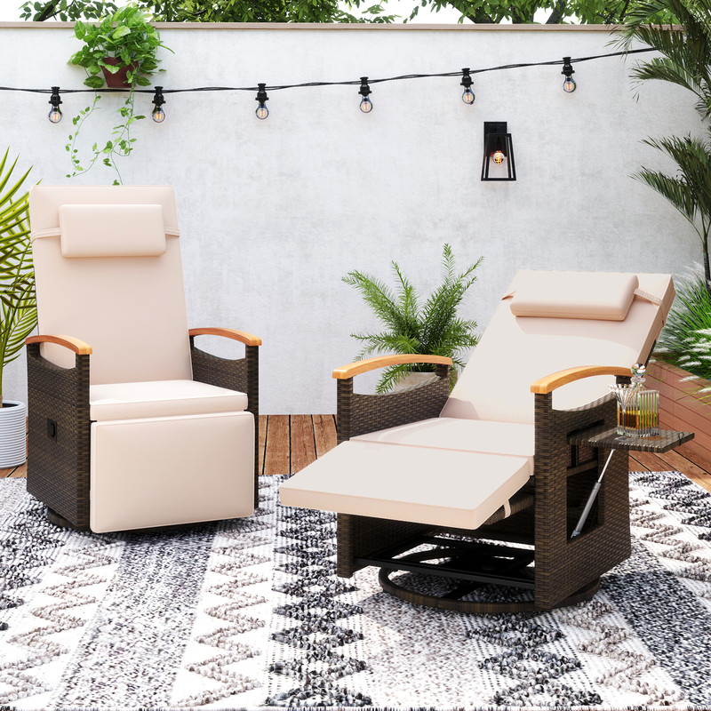 Patio Rattan 360 Swivel Recliner Chair Adjustable Backrest  Footrest With Foldable Side Table 0