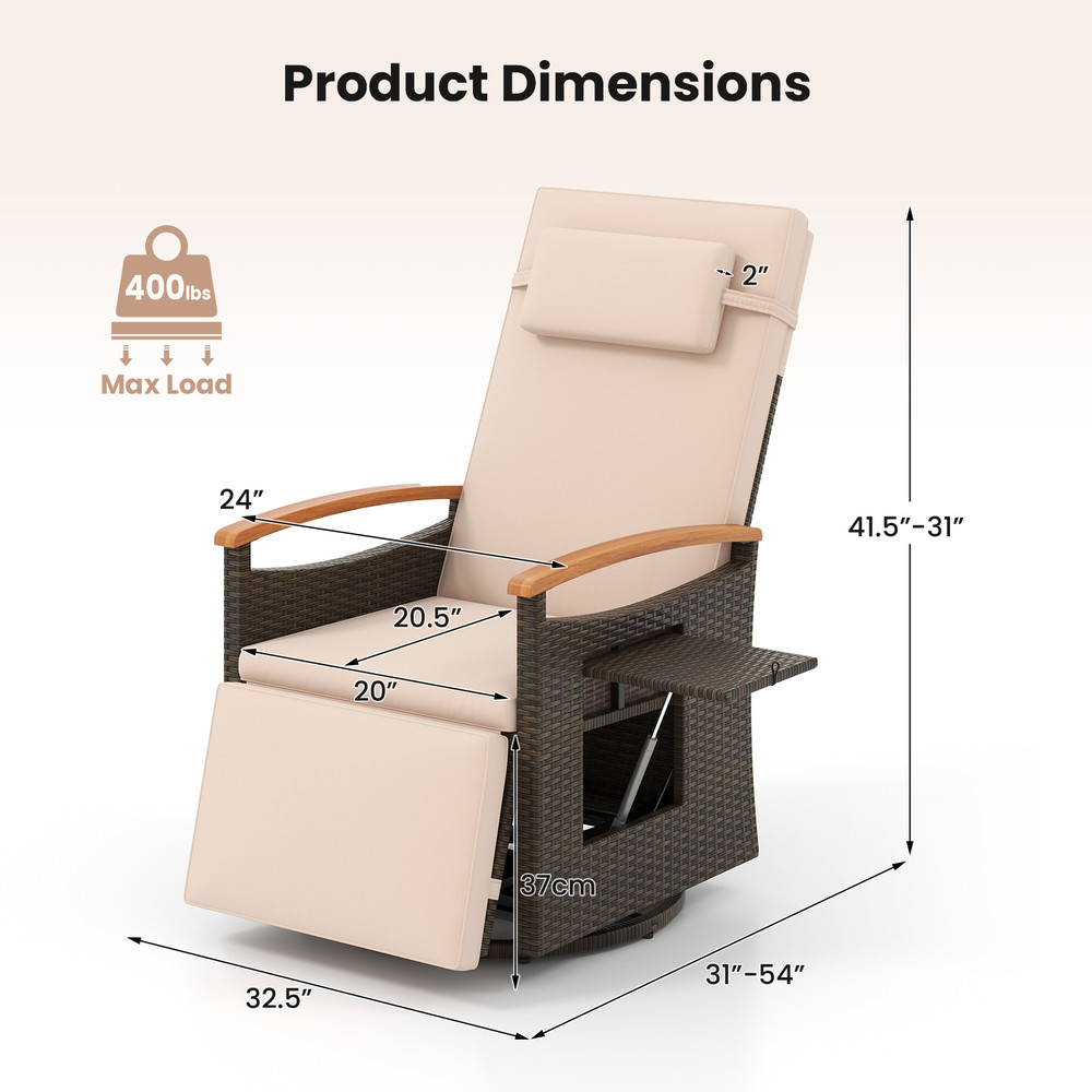 Patio Rattan 360 Swivel Recliner Chair Adjustable Backrest  Footrest With Foldable Side Table 7