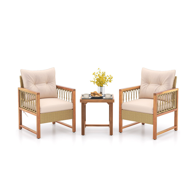 Outdoor 3Piece Conversation Set Acacia Wood  PE Wicker Patio Furniture With Comfortable Cushions 5