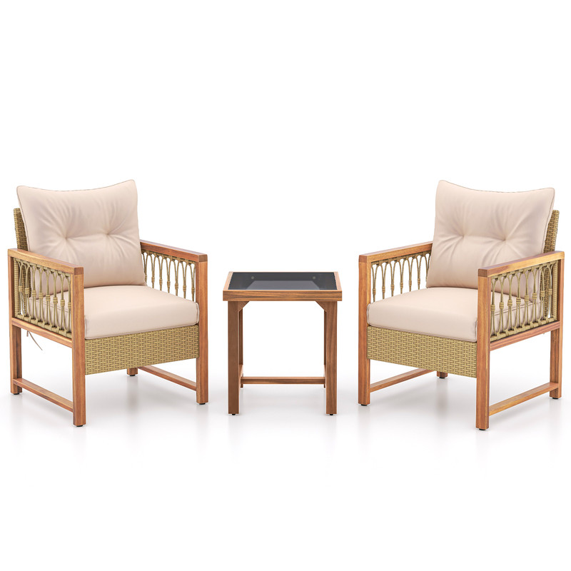 Outdoor 3Piece Conversation Set Acacia Wood  PE Wicker Patio Furniture With Comfortable Cushions 6