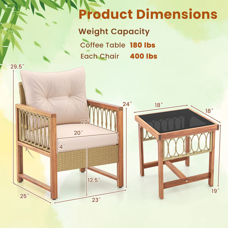 Outdoor 3Piece Conversation Set Acacia Wood  PE Wicker Patio Furniture With Comfortable Cushions 3