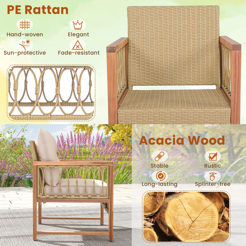 Outdoor 3Piece Conversation Set Acacia Wood  PE Wicker Patio Furniture With Comfortable Cushions 2