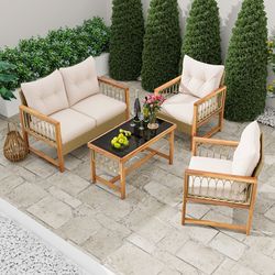 pe wicker & acacia wood frame outdoor patio set, 4-piece conversation bistro furniture