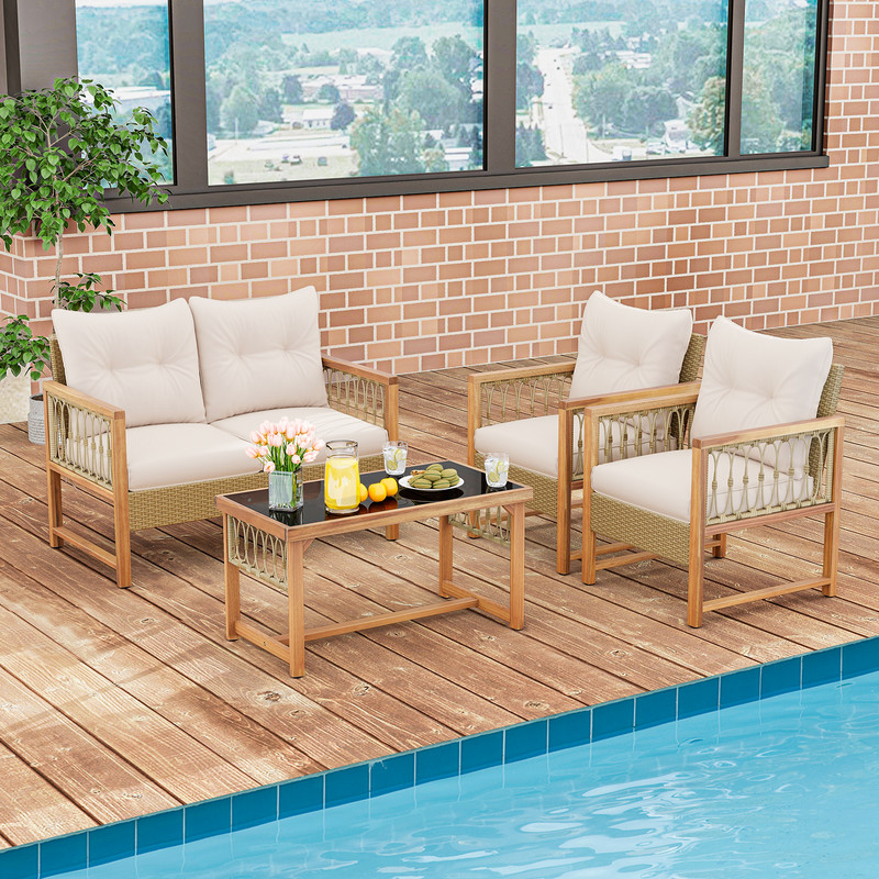 PE Wicker  Acacia Wood Frame Outdoor Patio Set 4Piece Conversation Bistro Furniture 1