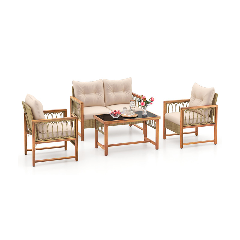 PE Wicker  Acacia Wood Frame Outdoor Patio Set 4Piece Conversation Bistro Furniture 5